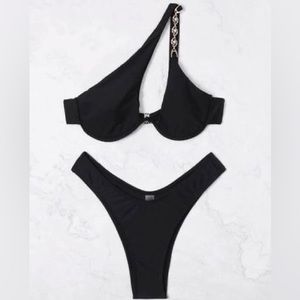 Women’s New Black Pearl One Shoulder Swimsuit Bathing Suit Bikini Set Size Large
